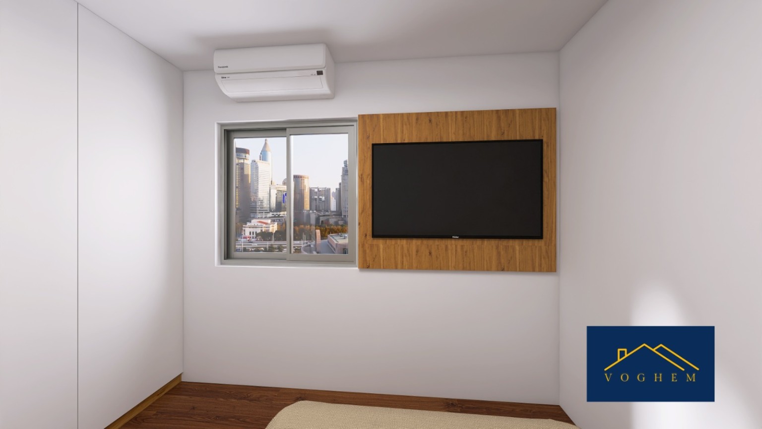 Outro ângulo do dormitório do projeto 3D do apartamento