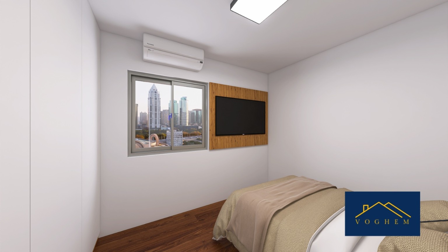 Dormitório com painel de TV do projeto 3D do apartamento